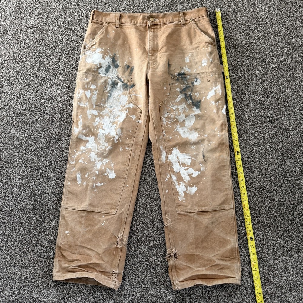 VTG Thrashed Faded Carhartt Double Knee Pants 37x30 B01 Brown Paint Splatter